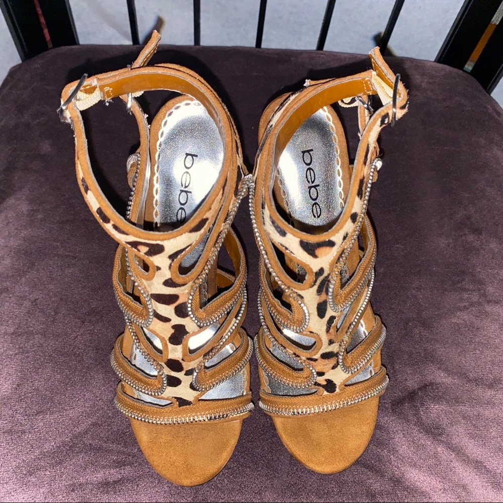 bebe Tan Leopard Print Strappy Platform Heels - Picture 7 of 8